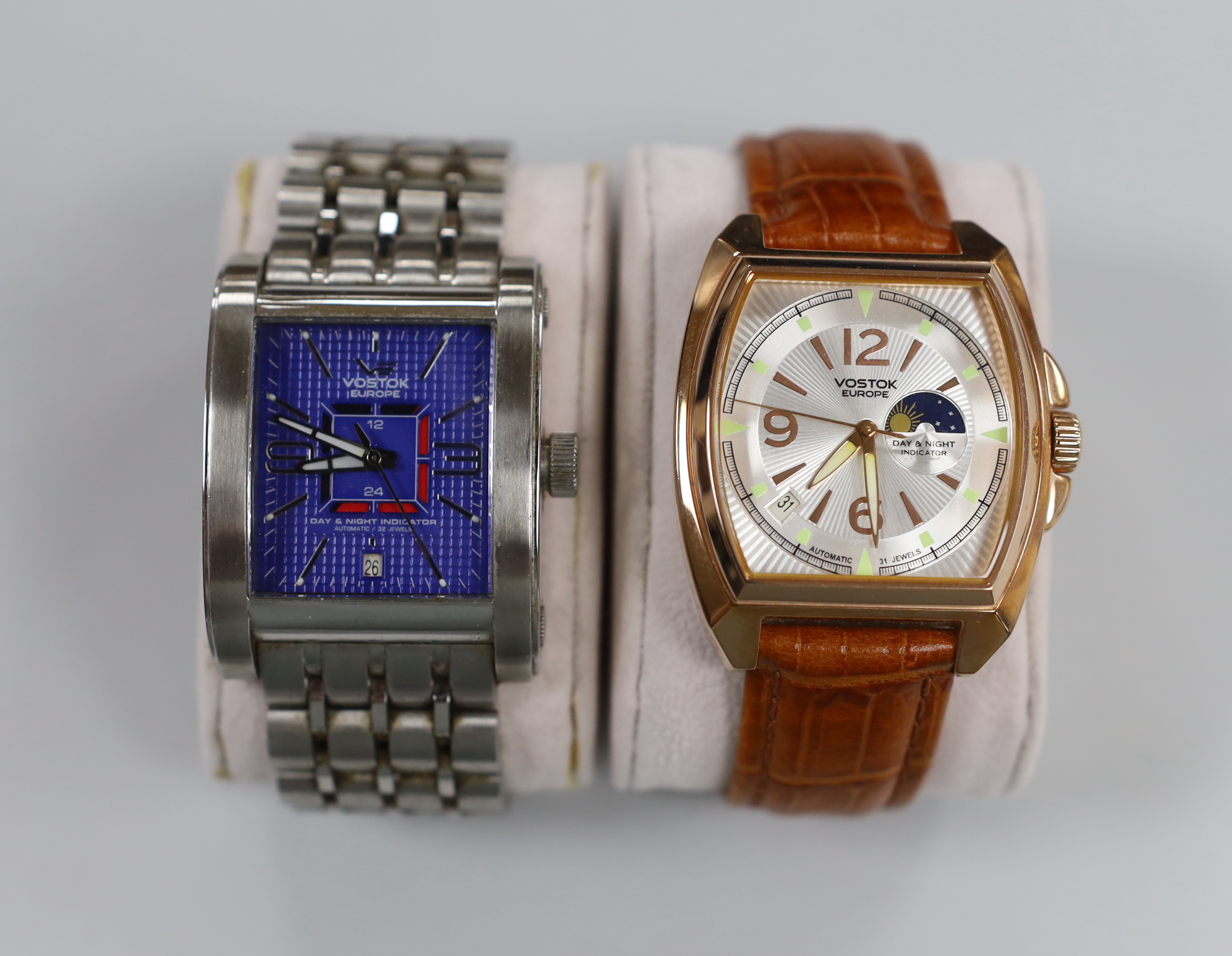 Two gentleman's modern steel or gilt steel steel Vostok Europe automatic wrist watches, including Red Square and Metro.